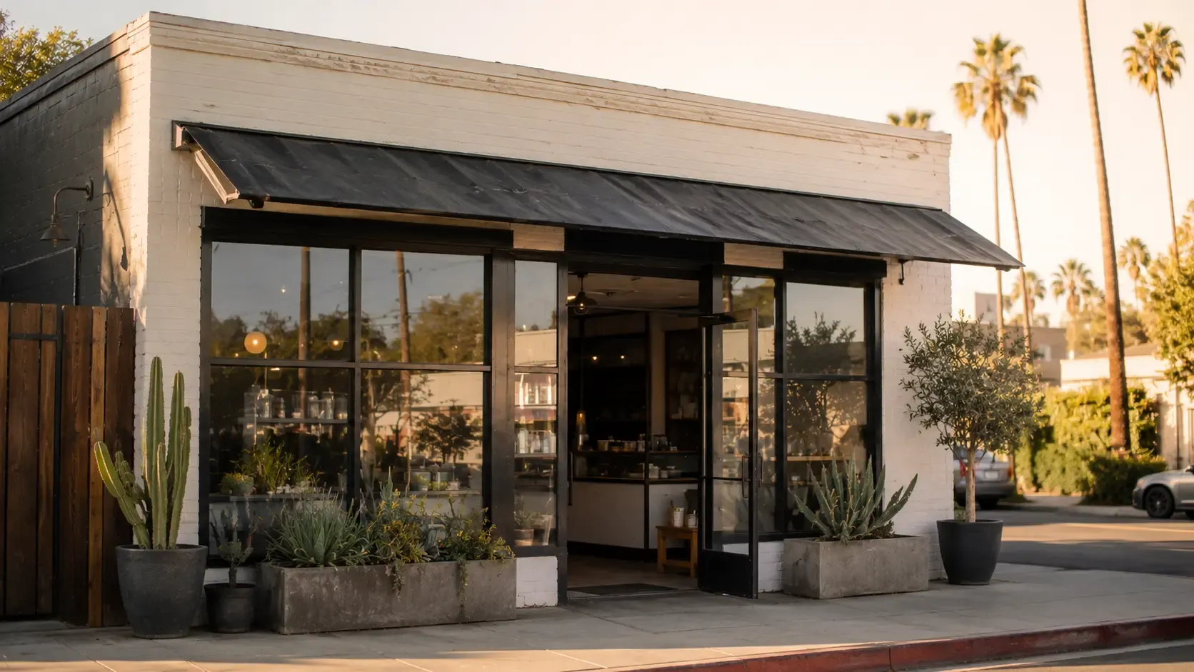 Small storefront business on a California street at golden hour