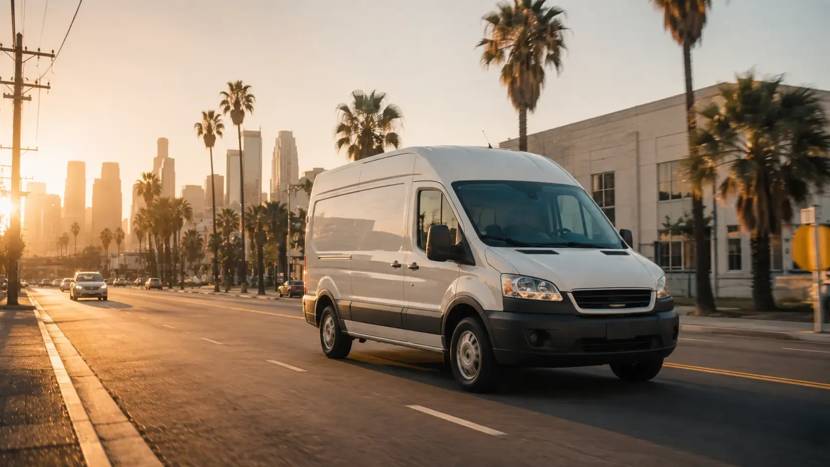 White cargo van driving a Los Angeles street at sunset