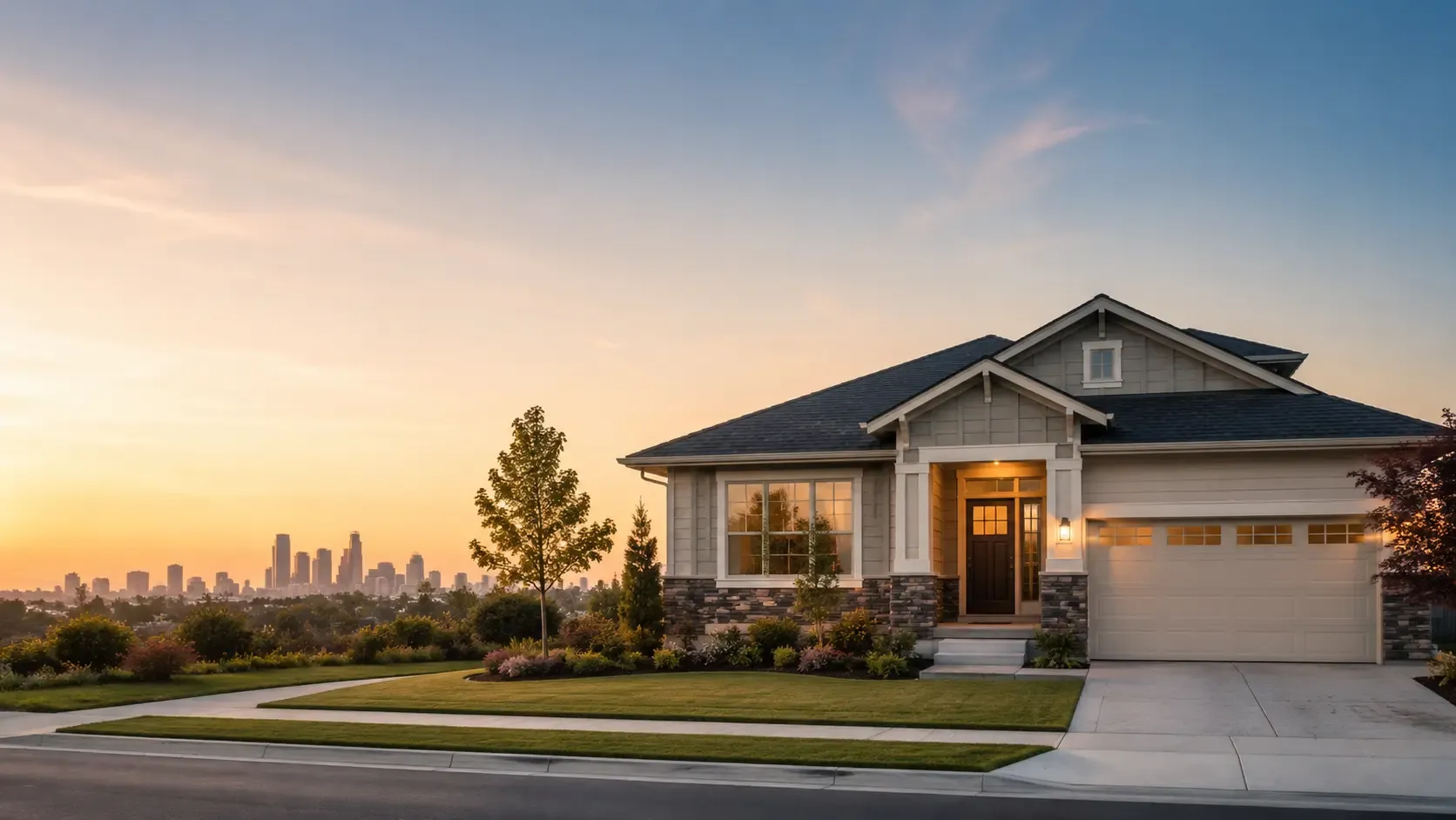 Single-family California home at sunset with the city skyline in the distance