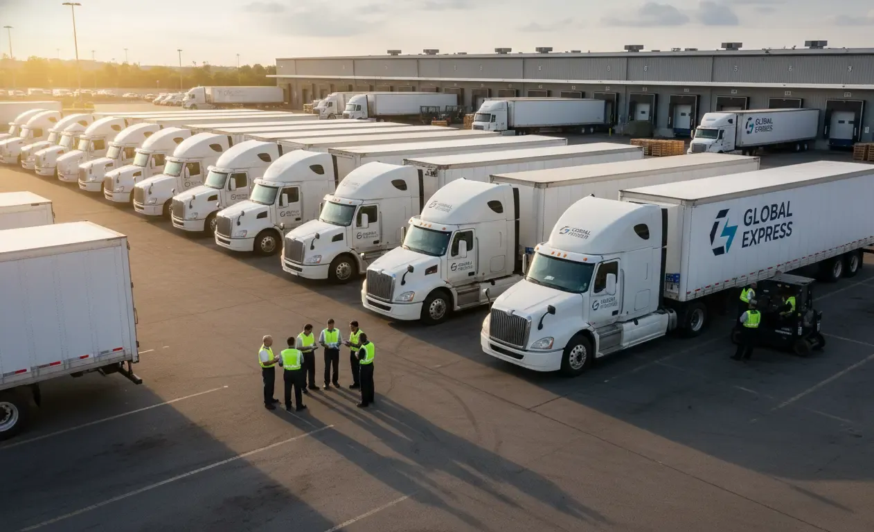 Fleet of tractor-trailers lined up at a distribution warehouse loading dock