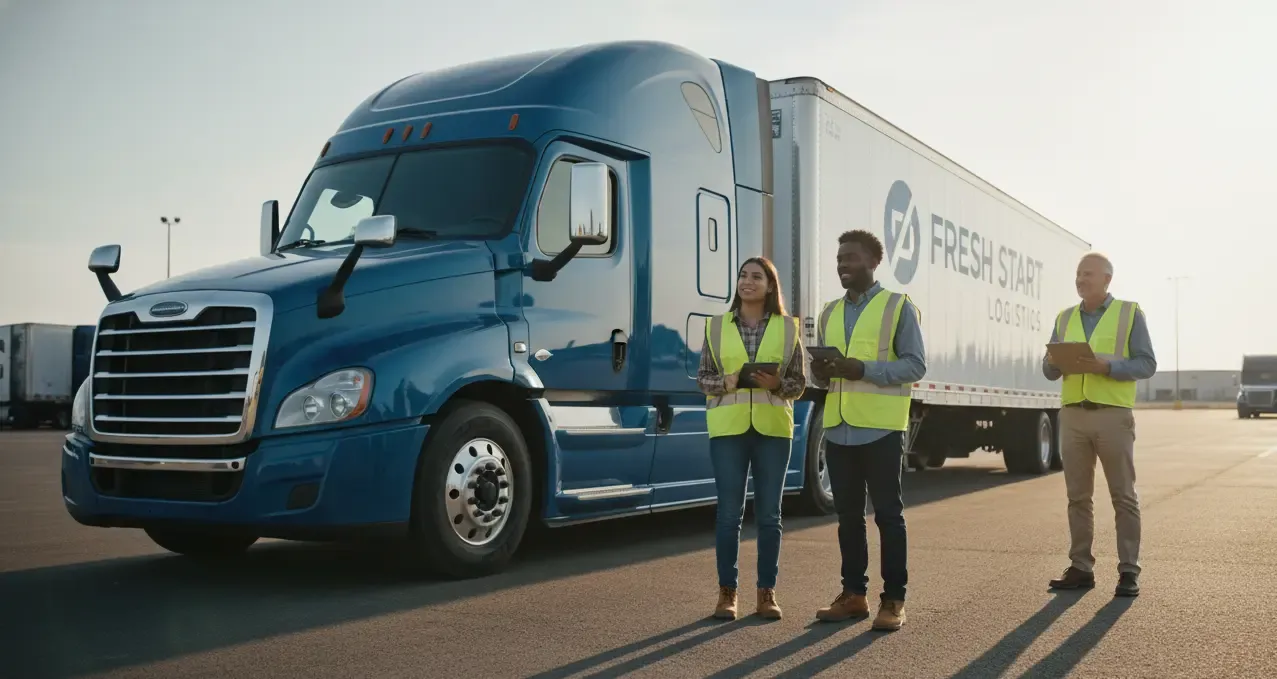 Three new carrier owners in safety vests standing beside their first semi truck