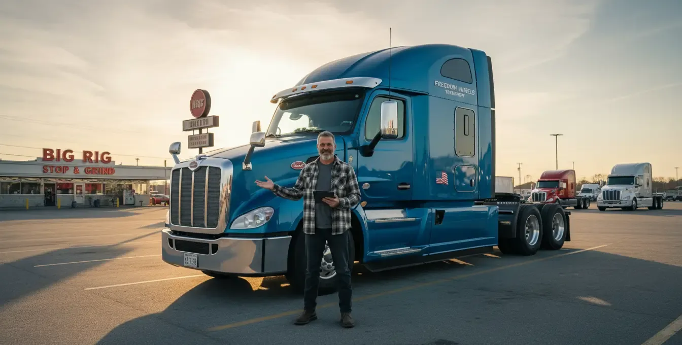 Owner-operator holding a tablet in front of his blue semi truck at a truck stop