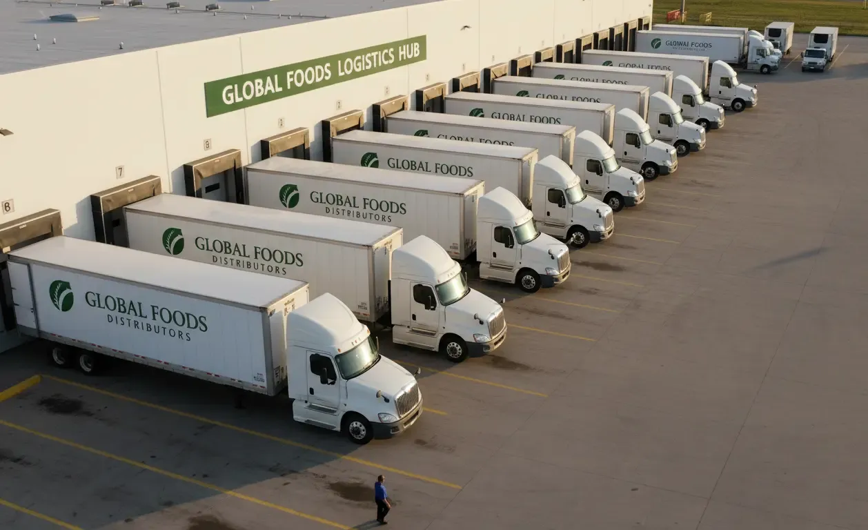 Company-branded box trucks docked at a food distribution hub