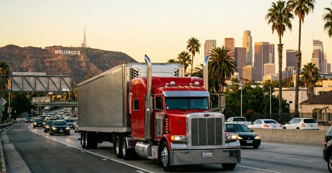 Red semi truck on a Los Angeles freeway with the Hollywood sign and downtown skyline behind it