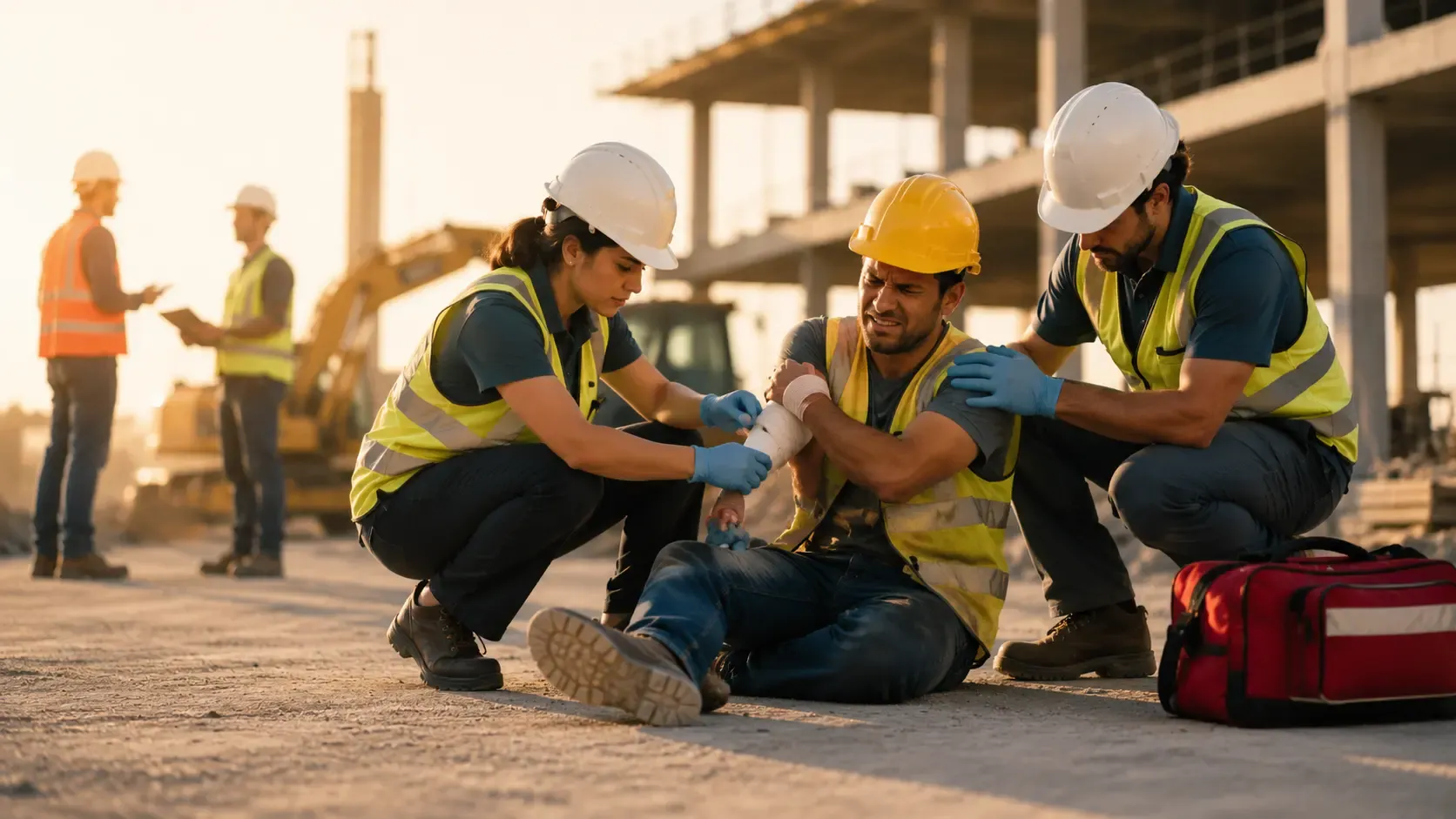 Site medics bandaging the arm of an injured construction worker on a job site